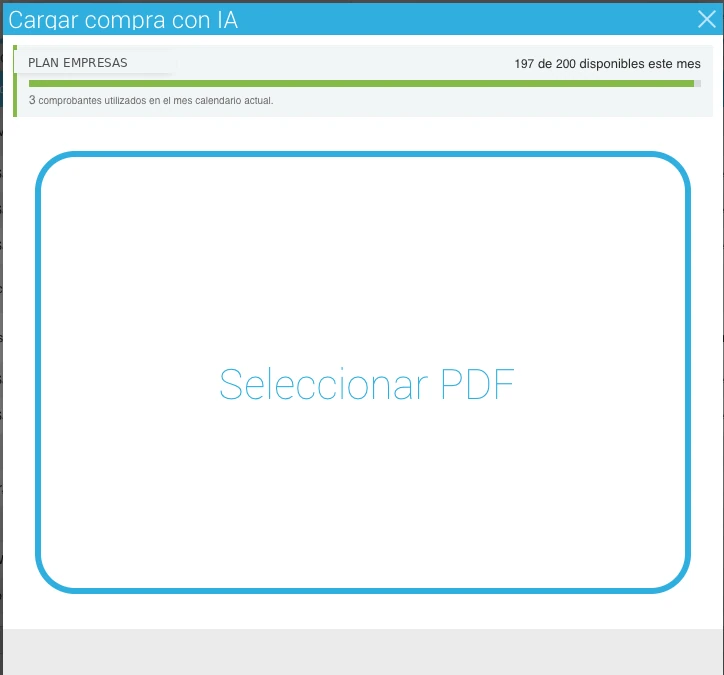 Ventana Cargar compra con IA con el cupo mensual del plan y el botón para seleccionar el PDF