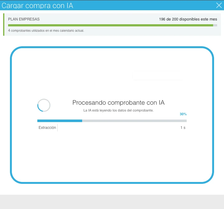 Cianbox procesando el comprobante con IA, con la barra de progreso de extracción